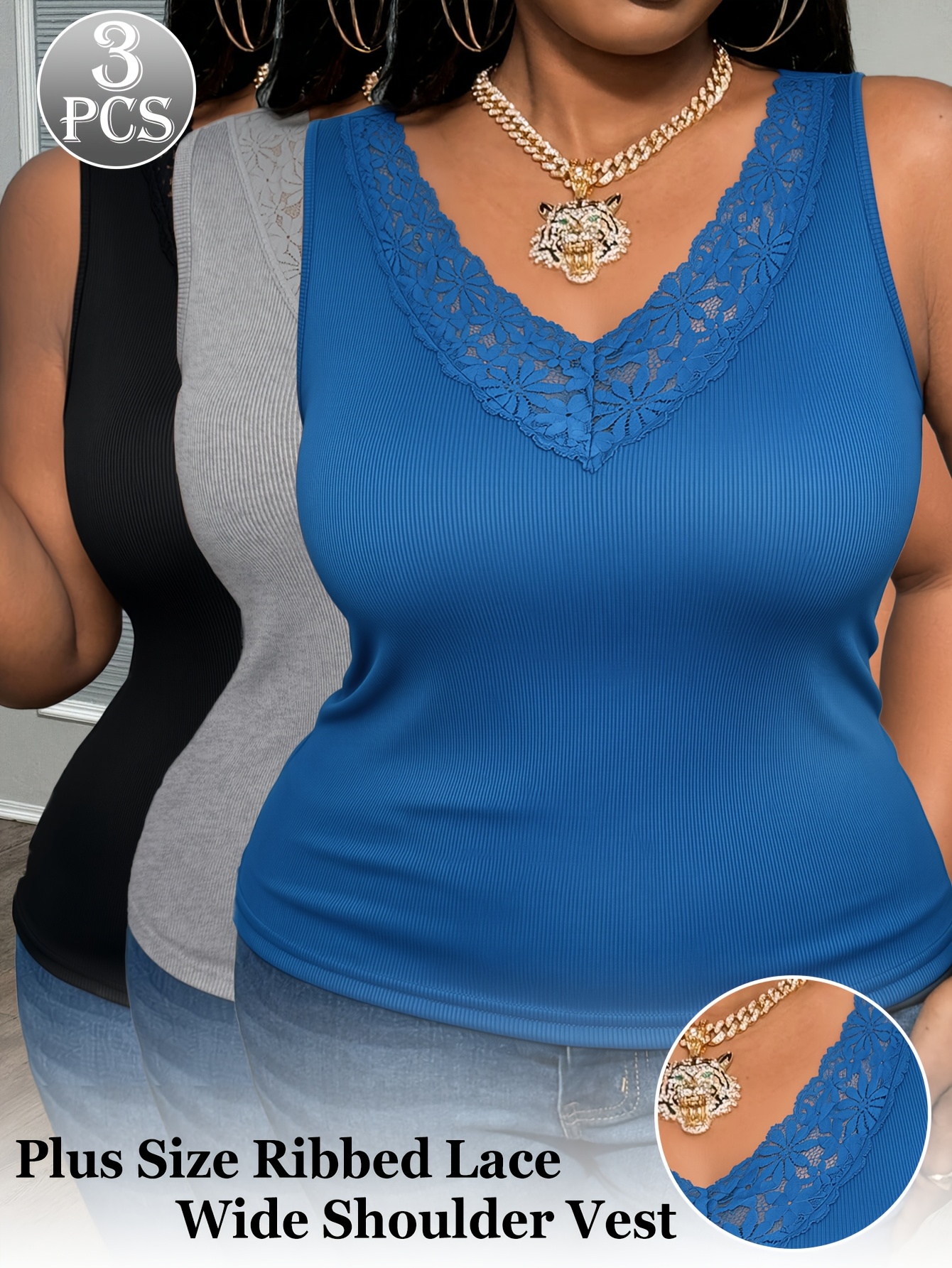 3-Pack Plus Size Lace V-Neck V - Sleeveless Undershirt recension och pris